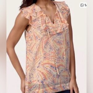 CAbi #837 Sleeveless Ruffle Neck Blouse in Cream, Peach & Lavender